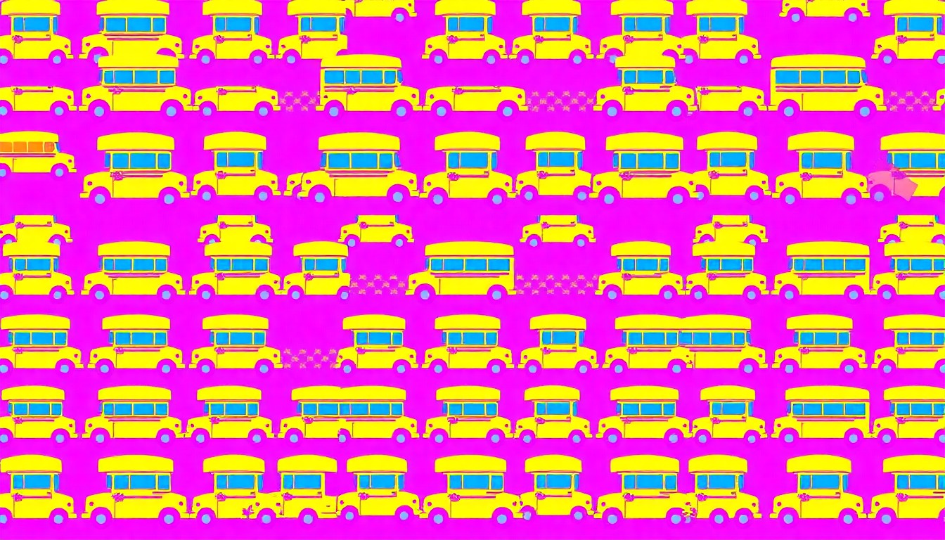 A bold, abstract silkscreen illustration featuring a repeating icon of a school bus in a grid of neon blue, pink, and yellow, capturing the celebratory spirit of a community election.