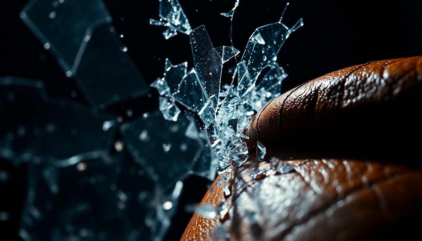 An abstract close-up image of shattered glass and cracked leather textures in high-contrast black and white, conveying a sense of dramatic tension and uncertainty surrounding a major plot development in the TV series.