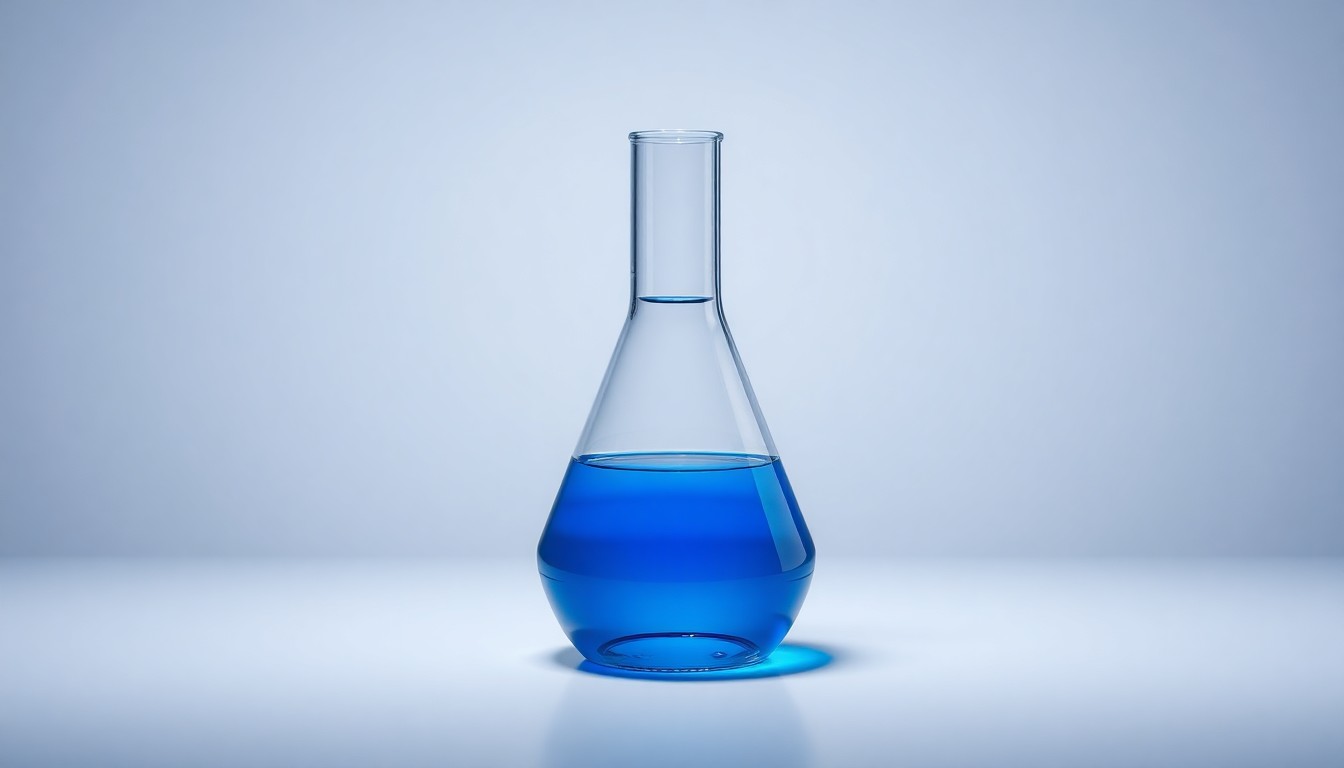 A photorealistic studio still life of a polished glass beaker filled with a vibrant blue liquid, symbolizing the scientific and medical research focus of CenExel Clinical Research.