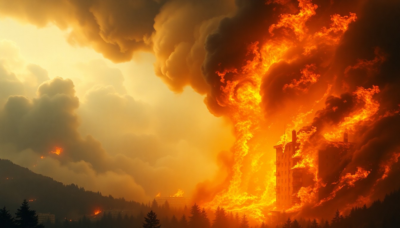 A sweeping, atmospheric landscape painting depicting a massive fire consuming a large apartment building, the flames and smoke dwarfing the structure and obscuring any visible human figures, conveying the overwhelming scale and intensity of the disaster.