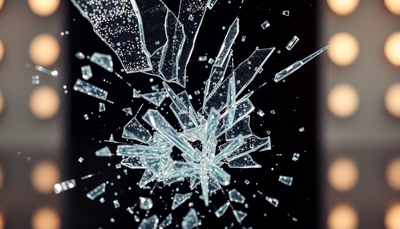 An abstract close-up photograph featuring shattered glass and glittering shards in dramatic high-contrast studio lighting, conceptually representing the fallout from Kanye West's antisemitic comments in the entertainment world.