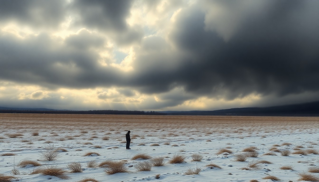A vast, frozen landscape painting in muted tones of gray and blue, with a heavy, overcast sky looming overhead, conveying the overwhelming, sublime power of a late-season freeze.