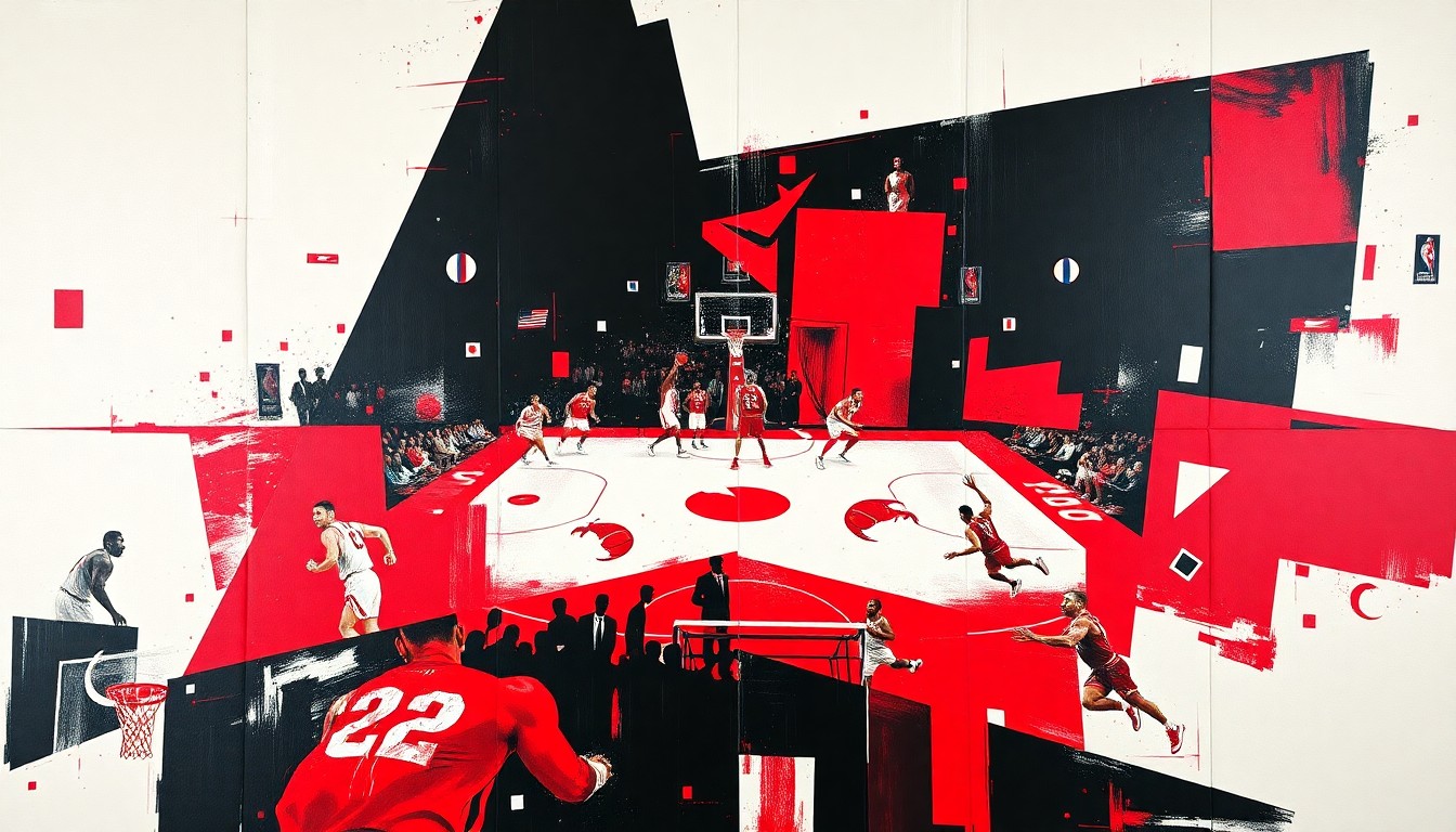 A cubist, geometric painting in red, black, and white, depicting a fragmented, multi-angled view of a basketball game or match, representing the complex dynamics within the Bulls' organization.