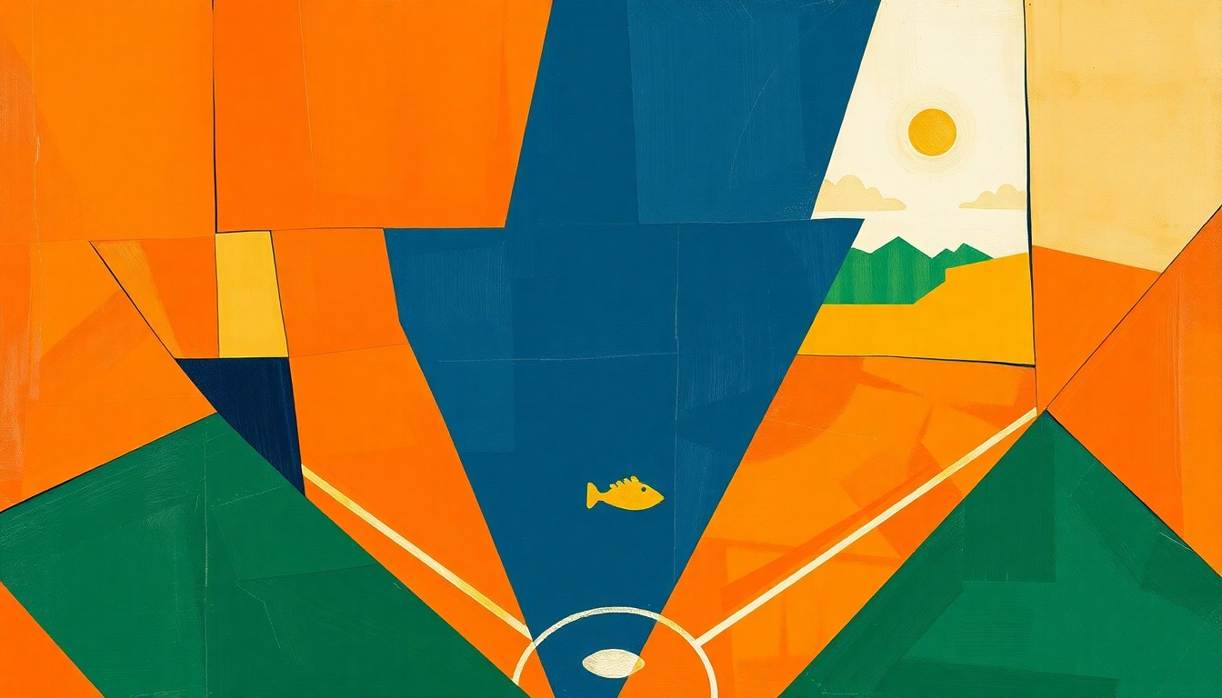 A fragmented, geometric painting in shades of orange, blue, and green, depicting the action and energy of a high school softball game.