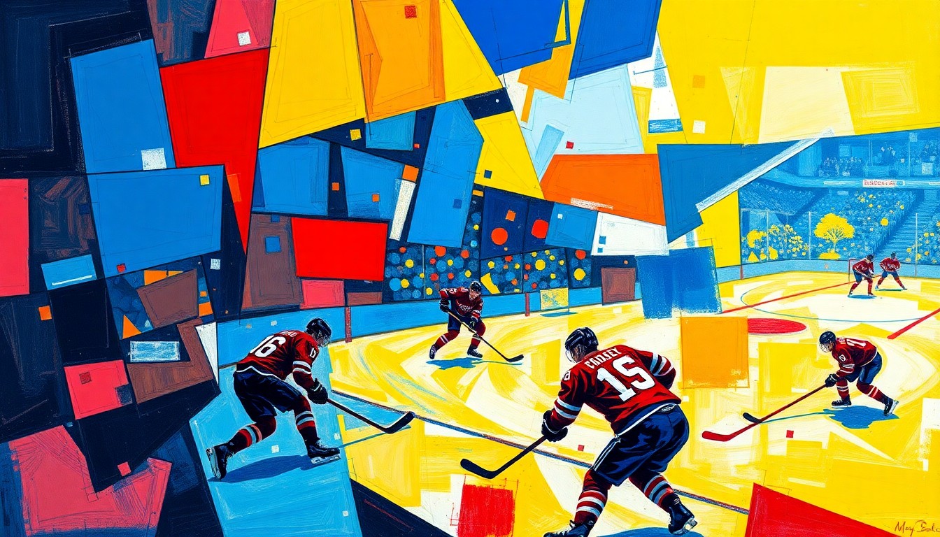 A cubist, geometric painting depicting a hockey game, with sharp, overlapping planes of blue, red, and yellow representing the intensity of the match.