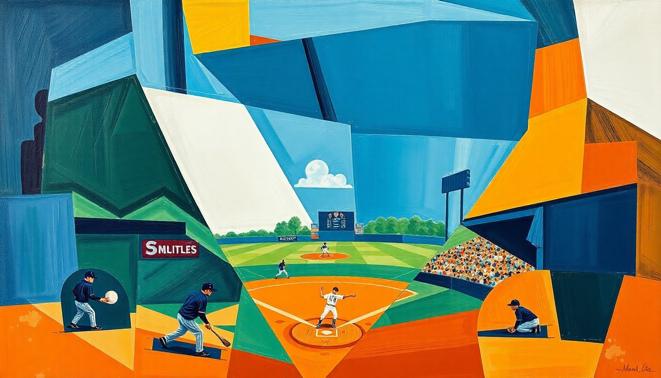 A cubist, geometric painting depicting a high school baseball game, with players and the field broken down into overlapping planes of navy, green, and orange.