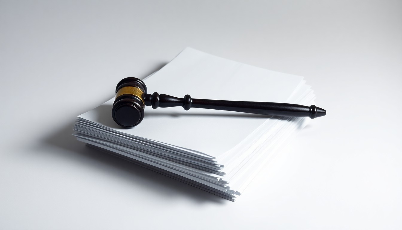 A minimalist studio photograph featuring a stack of legal documents and a gavel on a plain white background, conveying the serious legal battle between the Adani Group and the SEC.