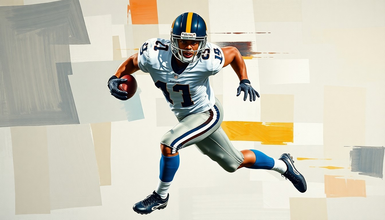 A fragmented, geometric painting depicting the dynamic movements of a running back, with sharp planes of color and form capturing the raw energy of the sport.