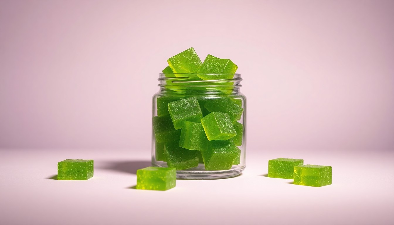 A close-up view of a glass jar filled with vibrant green live rosin gummies, arranged elegantly on a clean, monochromatic background with dramatic studio lighting and deep shadows, conceptually representing the premium quality and solventless extraction process of these cannabis edibles.