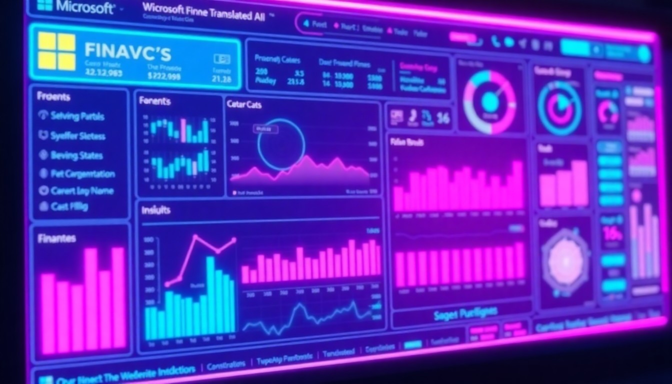 A highly detailed 3D illustration of a glowing, futuristic finance dashboard interface, with neon cyan and magenta lights illuminating various data visualizations and AI-powered insights, conceptually representing the transformation of Microsoft's finance function through strategic use of AI.