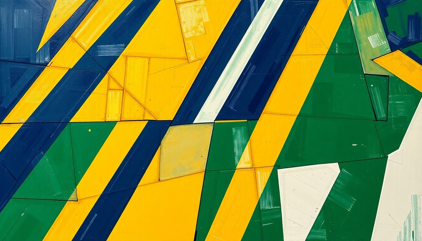 A fractured, geometric painting depicting the dynamic movements and competing energies of a high school basketball game, with sharp planes of navy blue, gold, forest green, and white colliding across the canvas.