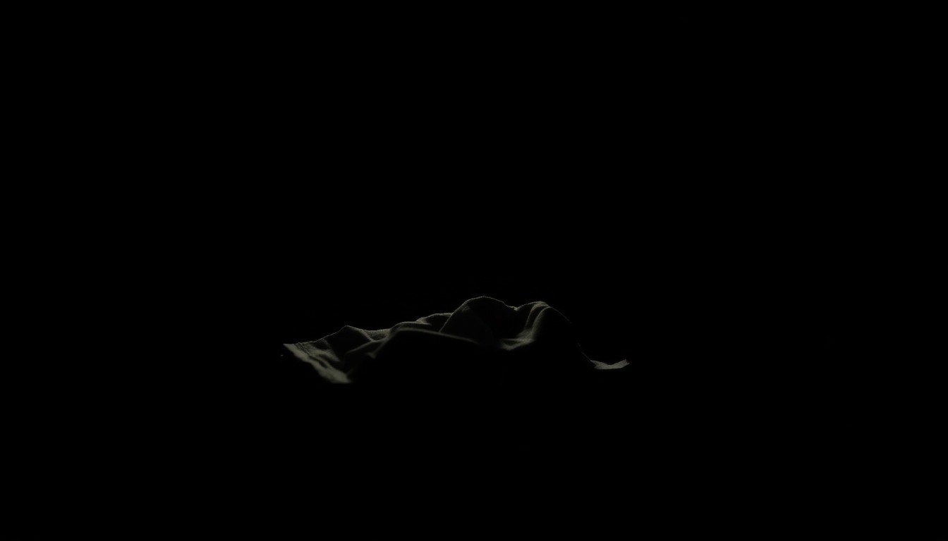 An extreme close-up photograph of a crumpled piece of fabric, its texture and shadows dramatically illuminated by a harsh camera flash, conceptually representing the mystery surrounding an unexplained death.