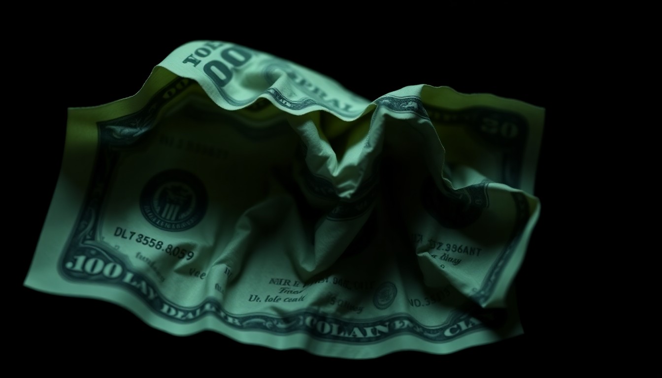 An extreme close-up of a crumpled dollar bill on a dark background, lit by a harsh, direct camera flash, conceptually representing the aftermath of a reported wallet theft incident.