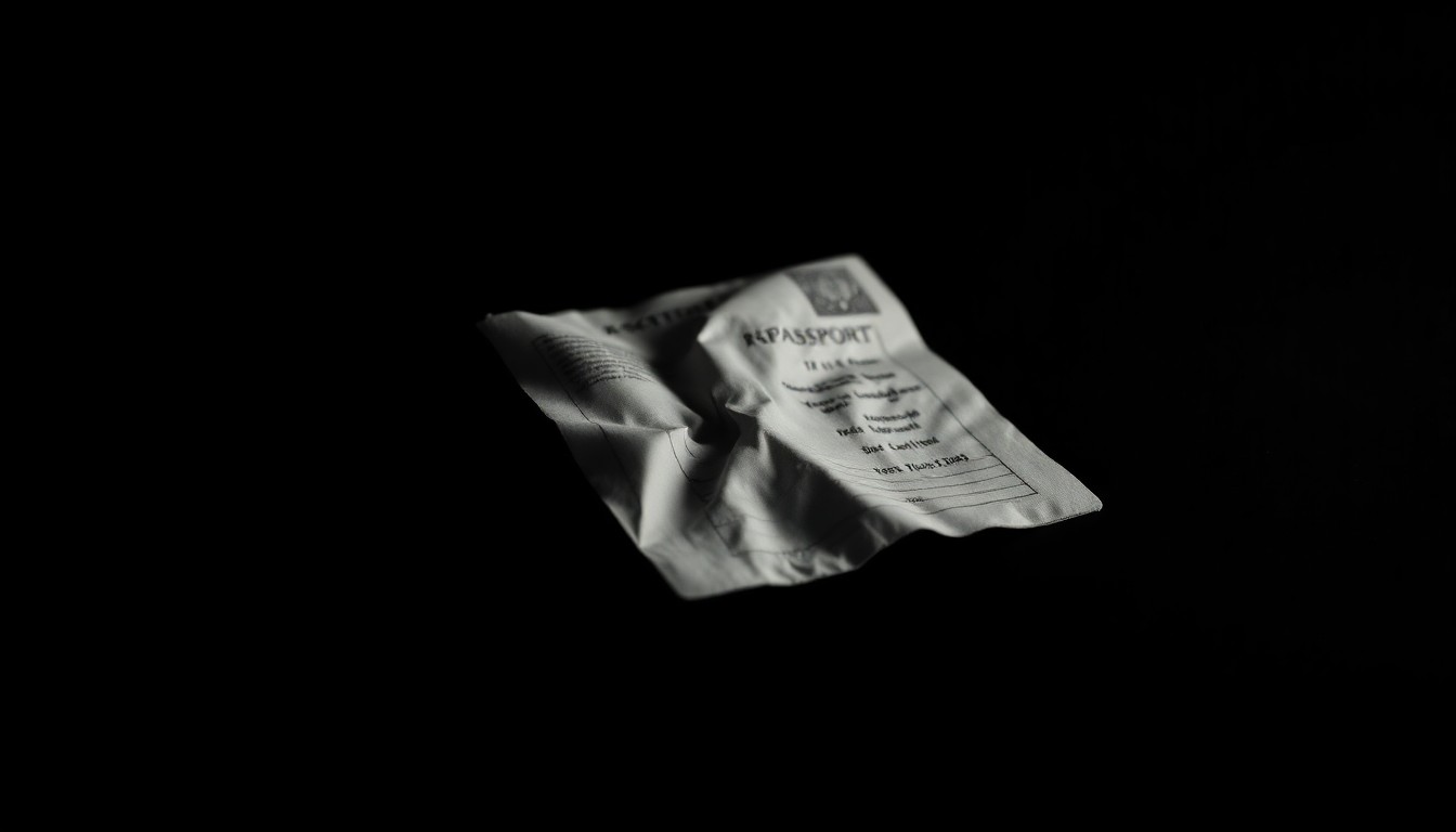 An extreme close-up photograph of a crumpled, discarded passport or ID document against a pitch-black background, conveying a stark, gritty, investigative aesthetic without depicting any violence.