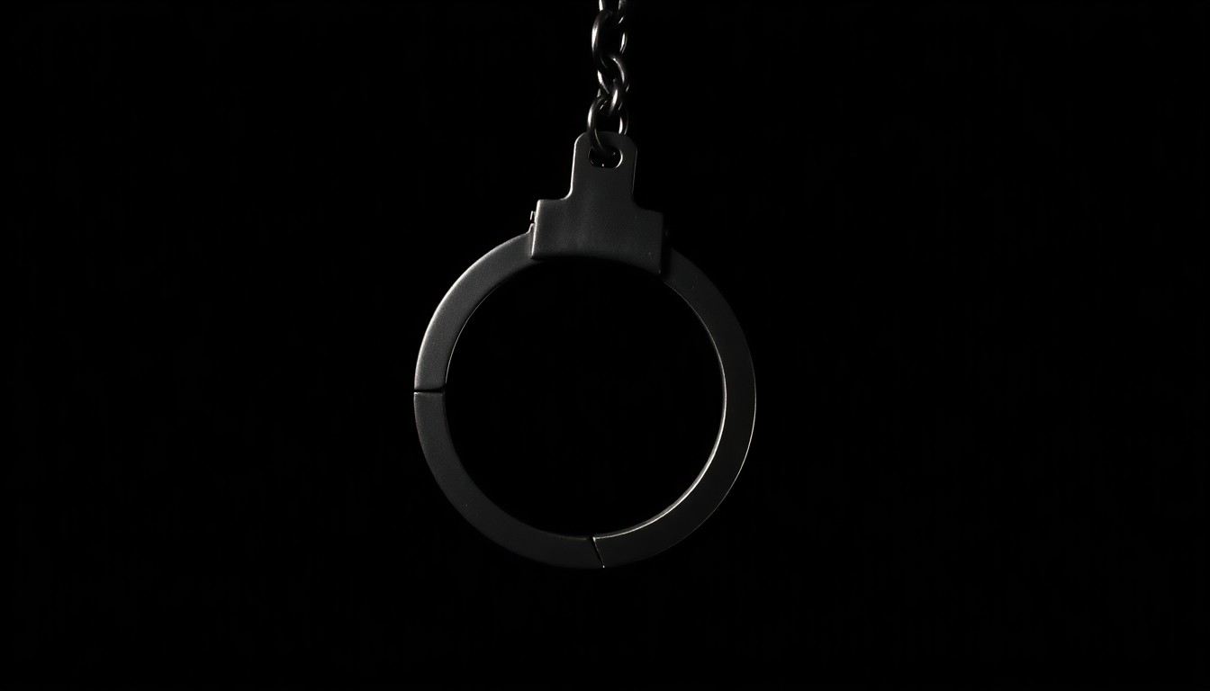 An extreme close-up of a single handcuff against a pitch-black background, reflecting a harsh, direct flash of light, conceptually representing the investigation into a violent crime.