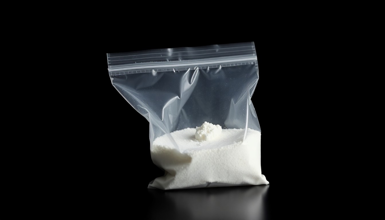 An extreme close-up of a small plastic bag containing a white crystalline powder, dramatically lit by a harsh camera flash against a dark background to create a stark, gritty visual representation of the drug trade.