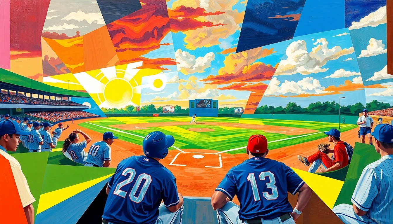 A cubist-style painting depicting a baseball game, with the players and field broken down into sharp, overlapping geometric shapes in the team colors of Allen and Plano West.