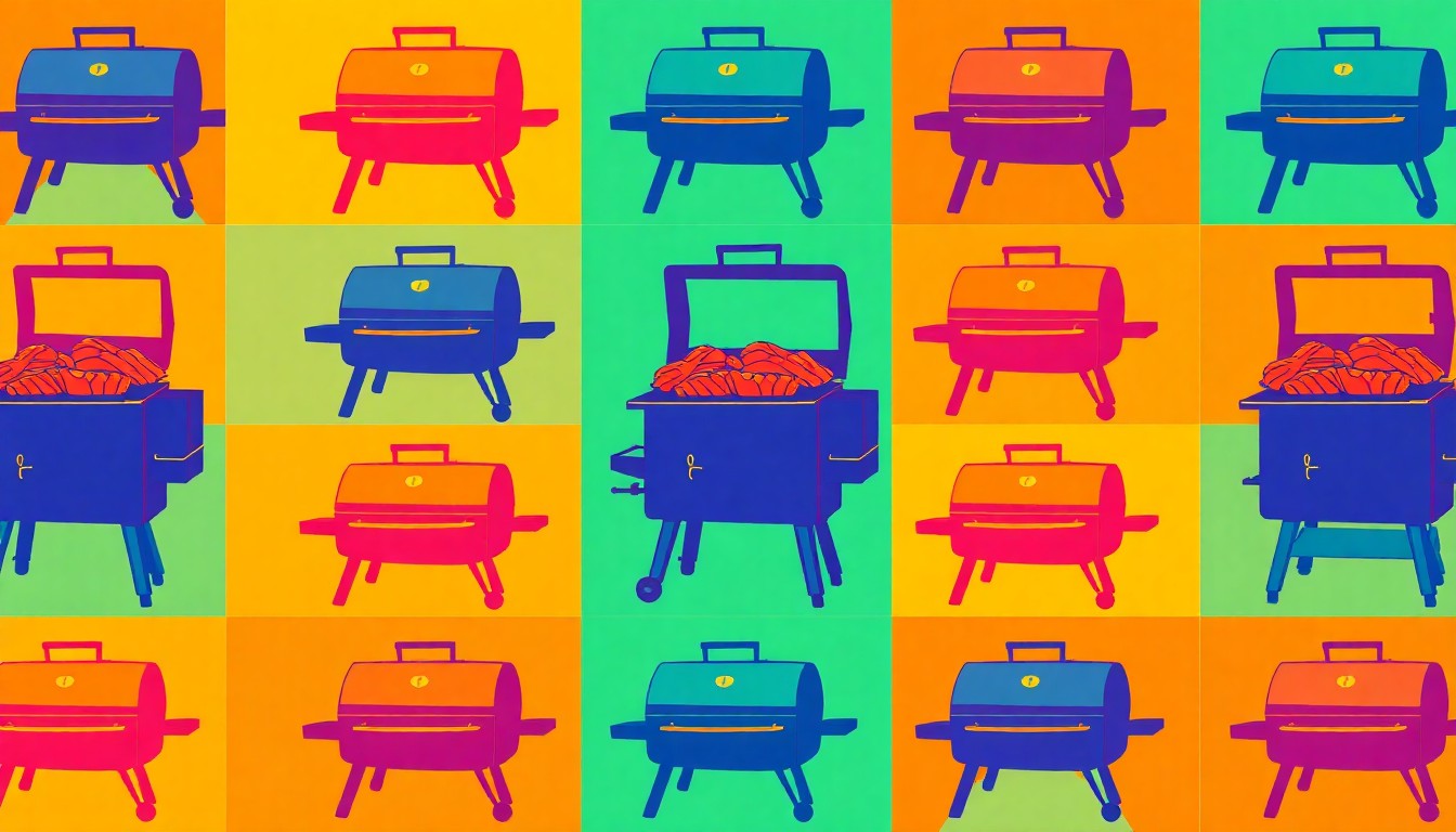 A vibrant, silkscreen-style illustration featuring a repeated pattern of a classic barbecue smoker in bold, neon-inspired colors, conceptually representing the arrival of a new barbecue restaurant in Denton.