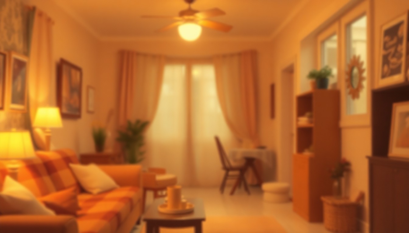 An extremely abstracted, out-of-focus photograph in soft pools of warm color and light, depicting a cozy, domestic scene that evokes a sense of nostalgia and community.