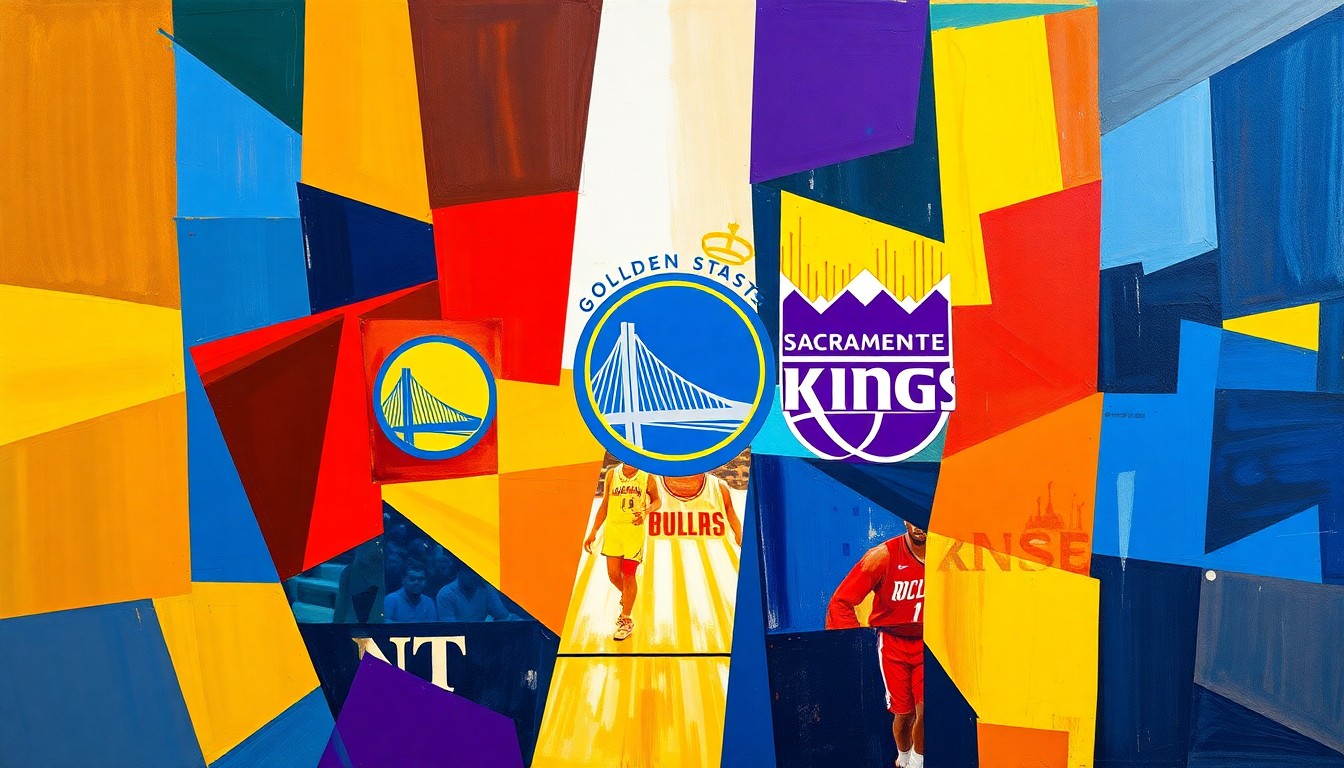 A cubist, geometric painting depicting a basketball game, with sharp planes of the Warriors' blue and gold colors overlapping the Kings' purple and white, conveying the dynamic energy and competitive spirit of the matchup.