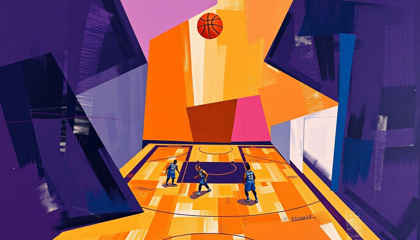 A cubist, geometric painting depicting a fragmented basketball game, with overlapping planes of deep purple, navy blue, and burnt orange hues conveying the chaotic energy of the Lakers' recent losses.