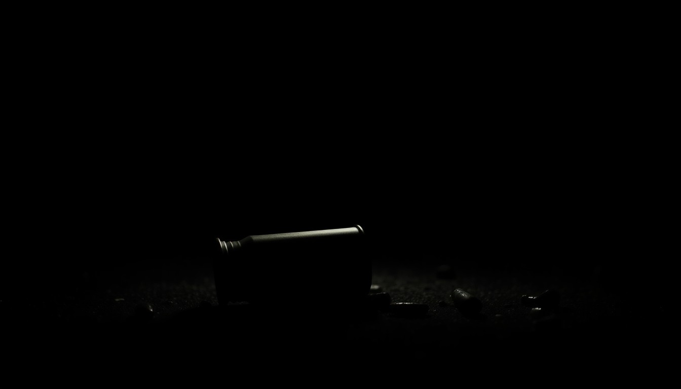 An extreme close-up photograph of a spent shell casing on the ground, capturing the stark, gritty details of the crime scene.
