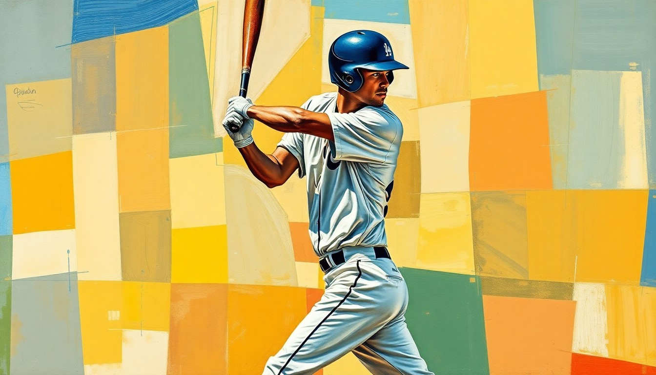 A fragmented, geometric painting depicting a baseball player's batting stance and swing, with sharp, overlapping planes of color and form, conceptually representing the struggles of the Cincinnati Reds' center fielder TJ Friedl.