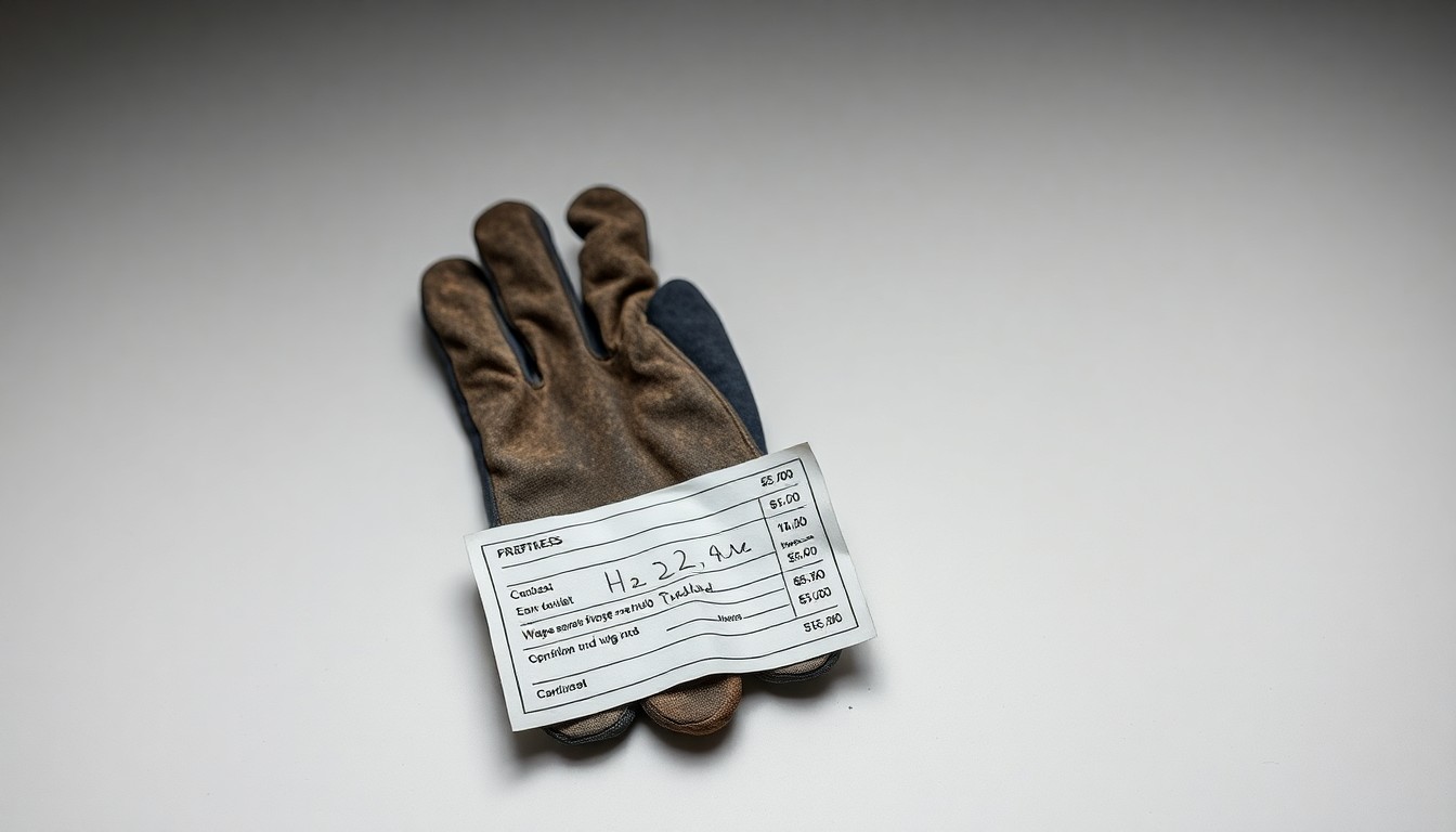 A photorealistic studio still life showing a pair of worn, dirty work gloves and a crumpled paycheck stub on a plain, monochrome background, conceptually representing the labor abuses and wage theft experienced by many migrant farmworkers in the H-2A program.