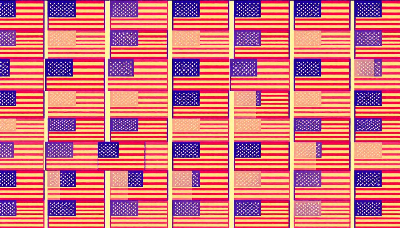 A bold, graphic illustration of the American flag icon repeated in a grid pattern, rendered in a high-contrast silkscreen style with vibrant neon colors and heavy black outlines, conceptually representing the festive patriotic decorations in Greeneville, Tennessee.