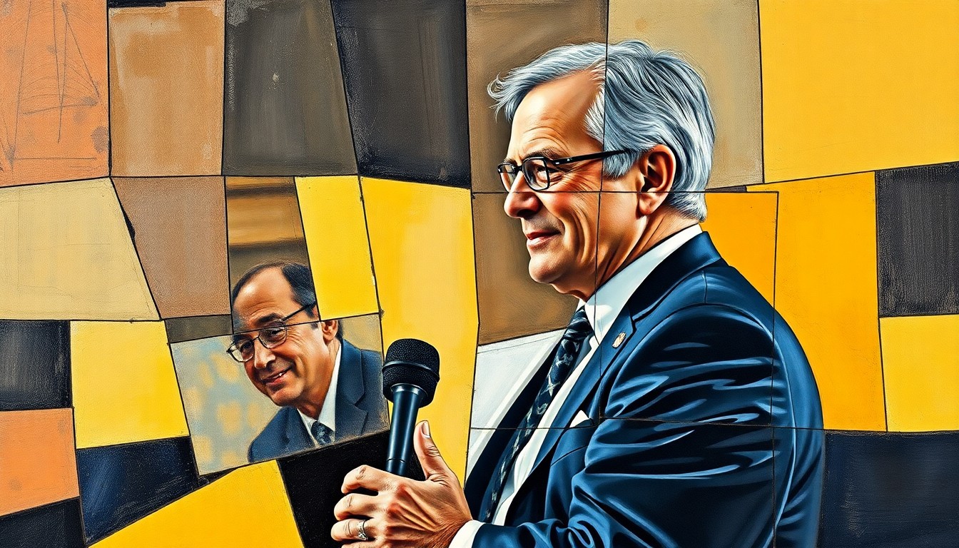 A cubist, geometric painting depicting an abstract embrace between two figures, conveying the complex dynamics between sports media and team personnel.