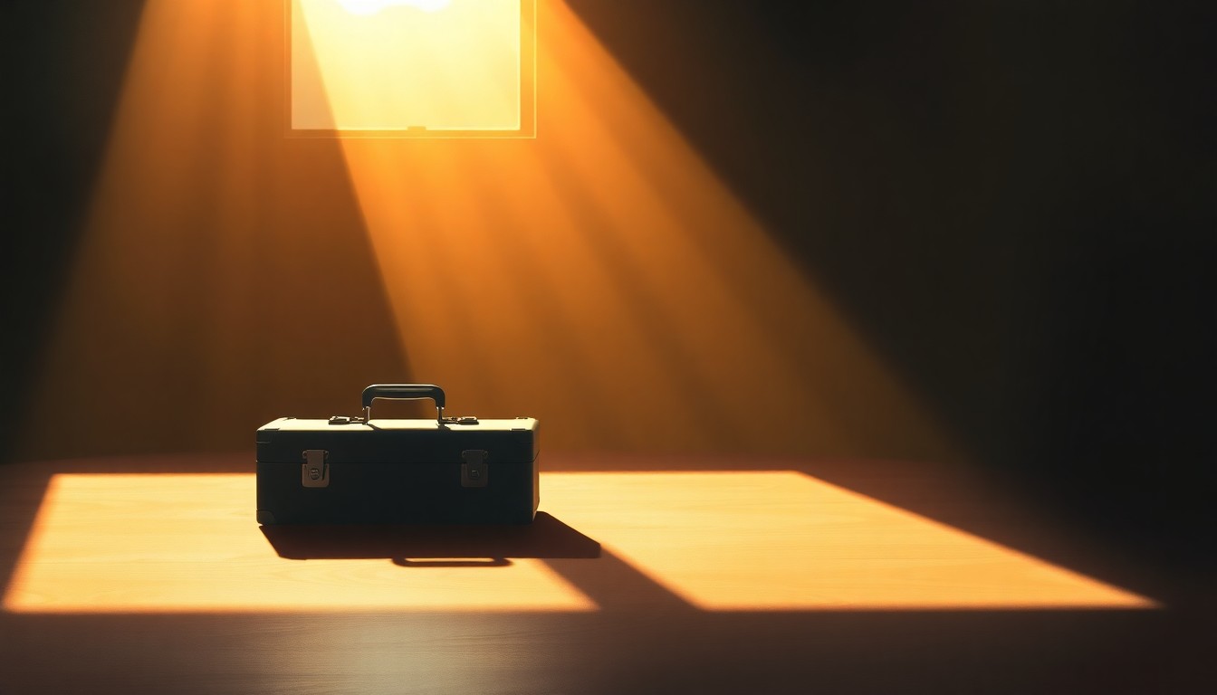 A softly lit, cinematic painting depicting a solitary diplomatic briefcase or negotiation table, conveying a sense of cautious optimism about the potential for diplomacy to resolve the long-standing conflict between the United States and Iran.