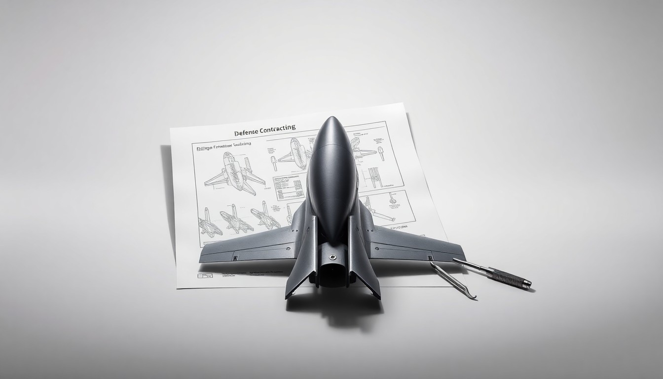 A photorealistic studio still life featuring a polished metal aircraft component, a technical blueprint, and precision tools arranged elegantly on a clean, monochromatic background, conceptually representing the abstract work of defense supply chain management.