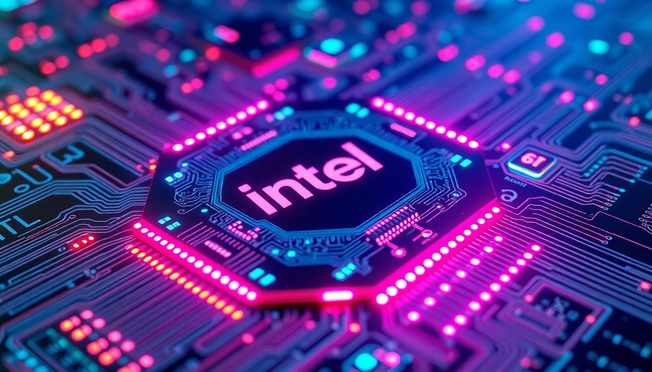 A highly detailed, glowing 3D macro illustration of a futuristic semiconductor wafer with intricate circuitry and neon cyan and magenta lighting, conceptually representing the advanced chip manufacturing capabilities that the Intel-Terafab partnership aims to achieve.