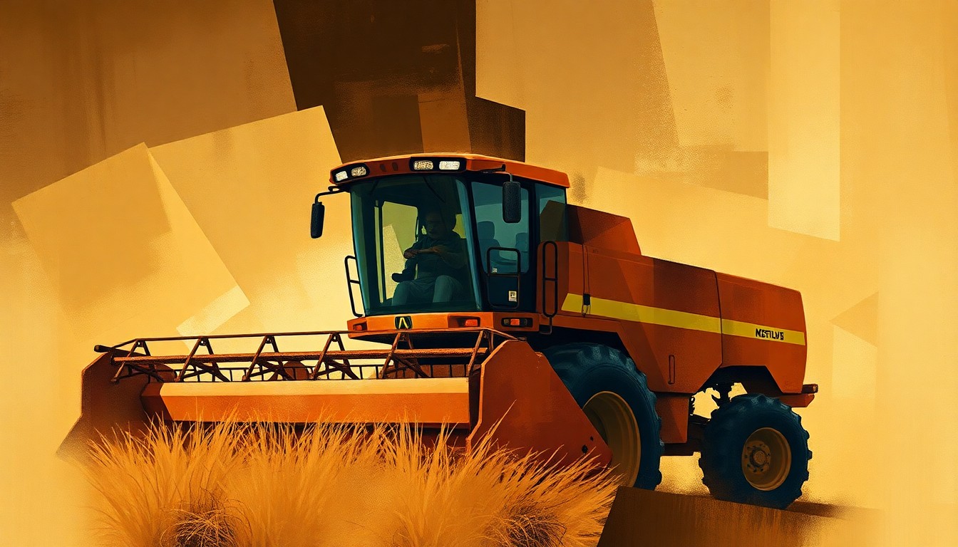 A vibrant, fractured painting of a farm tractor in overlapping geometric shapes and waves of warm brown, orange, and red tones, conveying a sense of motion and political tension.
