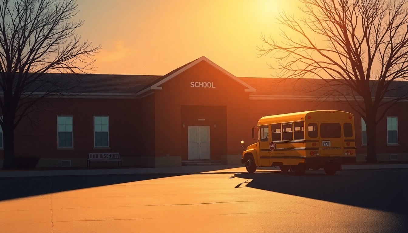 A serene oil painting depicting a lone school bus parked outside a modest school building, the scene bathed in warm, golden light and deep shadows, conveying a sense of quiet contemplation about the importance of local education.