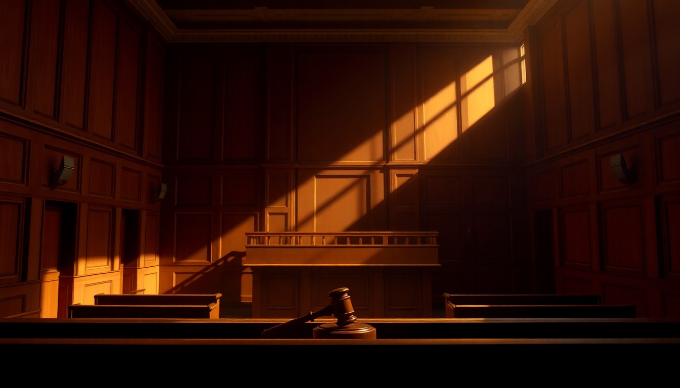 A dimly lit, cinematic painting of an empty courtroom with a single wooden gavel resting on the judge's bench, conveying the serious and impactful nature of the judicial process.