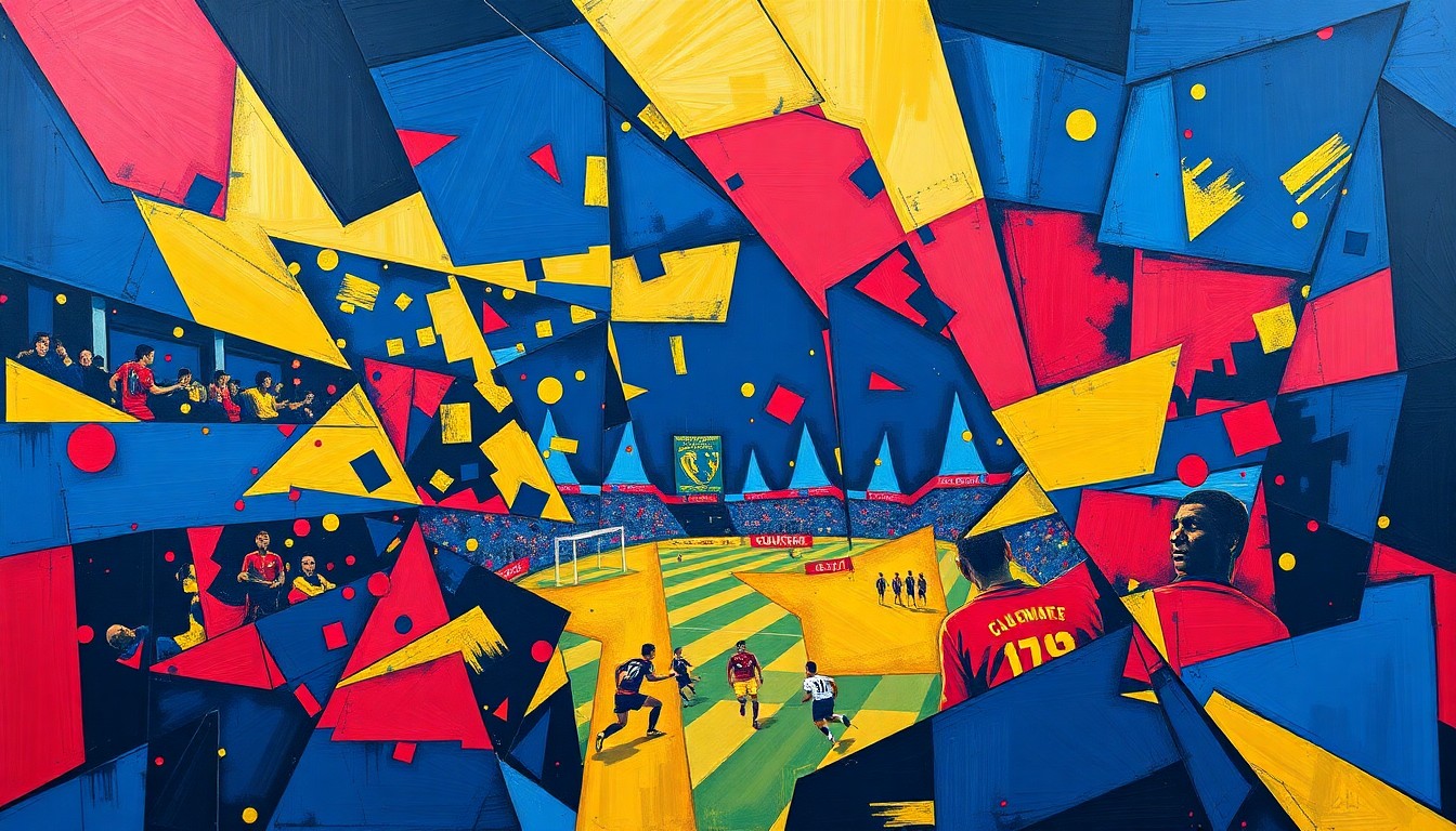 A dynamic, cubist-inspired painting depicting the intensity and movement of a high-stakes soccer match, with players and the field fragmented into geometric shapes and planes of navy, gold, and crimson.