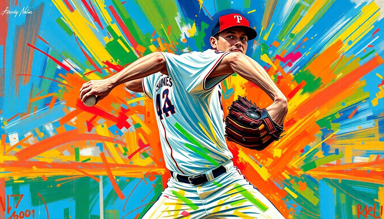 An abstract, energetic painting in neon colors depicting the dynamic pitching motion of a baseball player, conveying the raw athleticism and intensity of the sport.