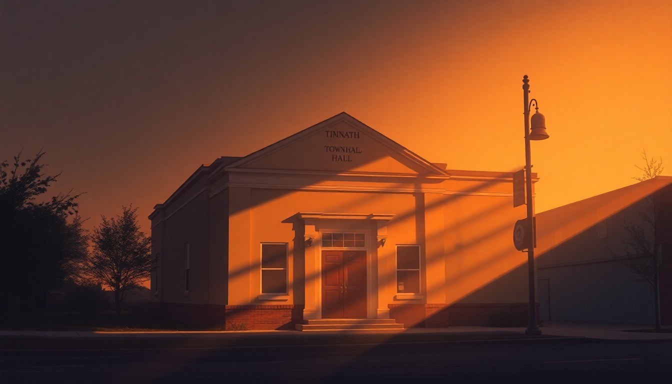A realistic oil painting of a two-story municipal building with a peaked roof, surrounded by trees and bathed in warm, golden sunlight, conveying a sense of civic pride and small-town character.
