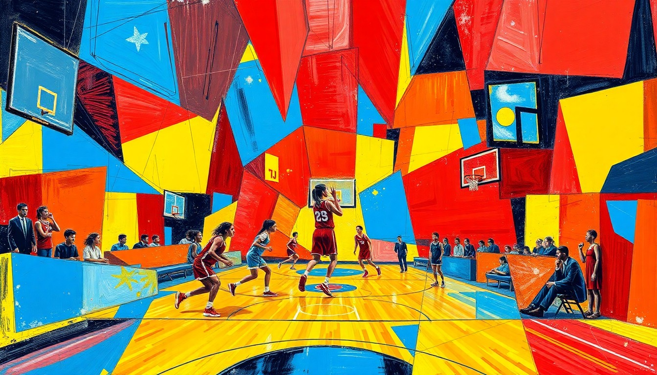 A fractured, multi-perspective painting in a cubist style, breaking down a high school girls basketball game into sharp, overlapping geometric planes of vibrant red, blue, and yellow colors.