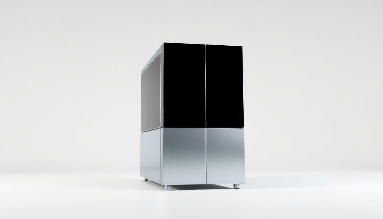 A minimalist, high-contrast studio photograph of a sleek, modern data server rack made of polished aluminum and black glass, floating on a clean white background and dramatically lit to create an abstract, premium feel.