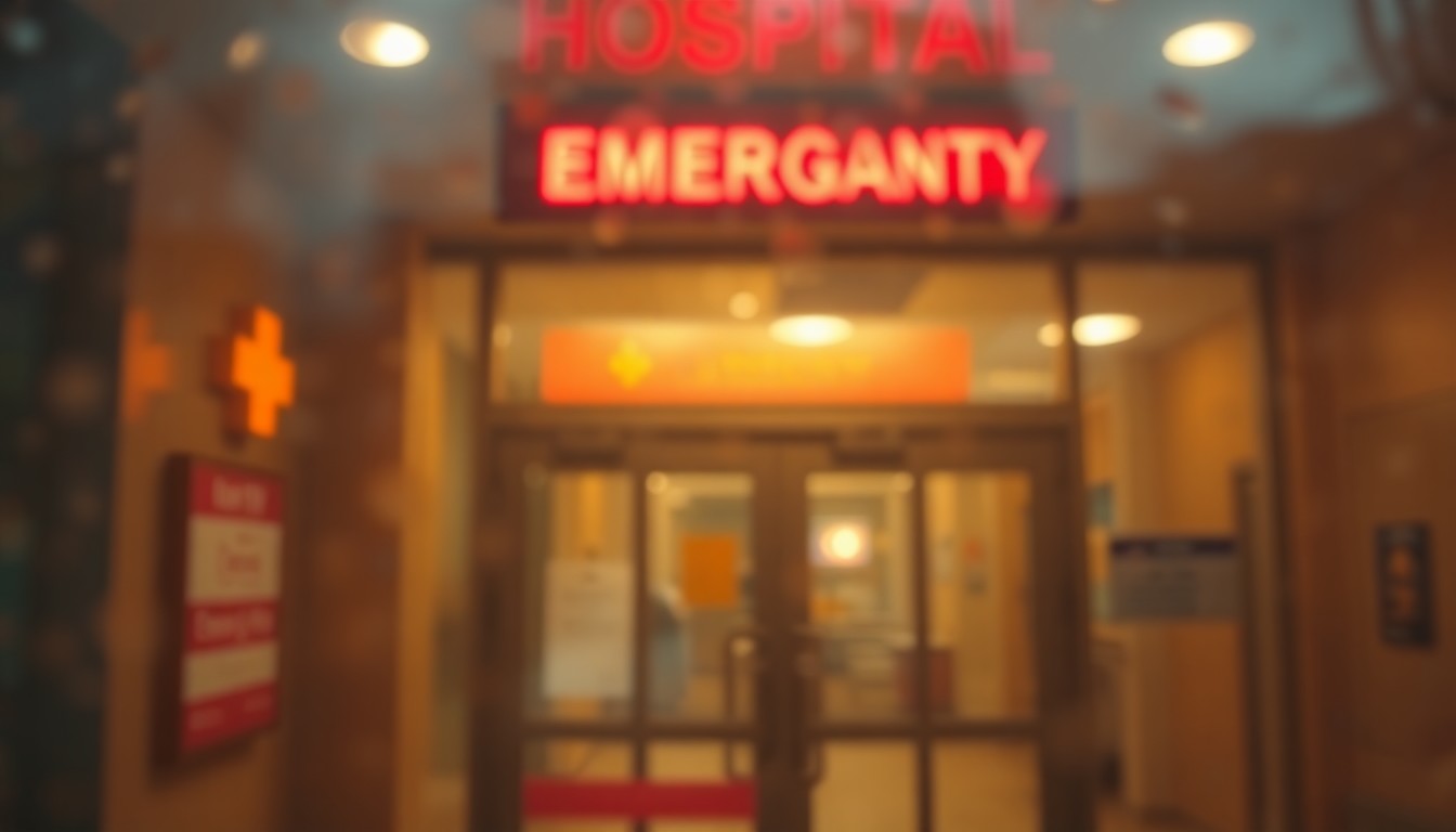 An abstract, impressionistic image of a blurred hospital entrance or signage, rendered in soft, warm tones and hazy, out-of-focus details, conveying a sense of uncertainty and transition around the future of emergency medical services in Howell.