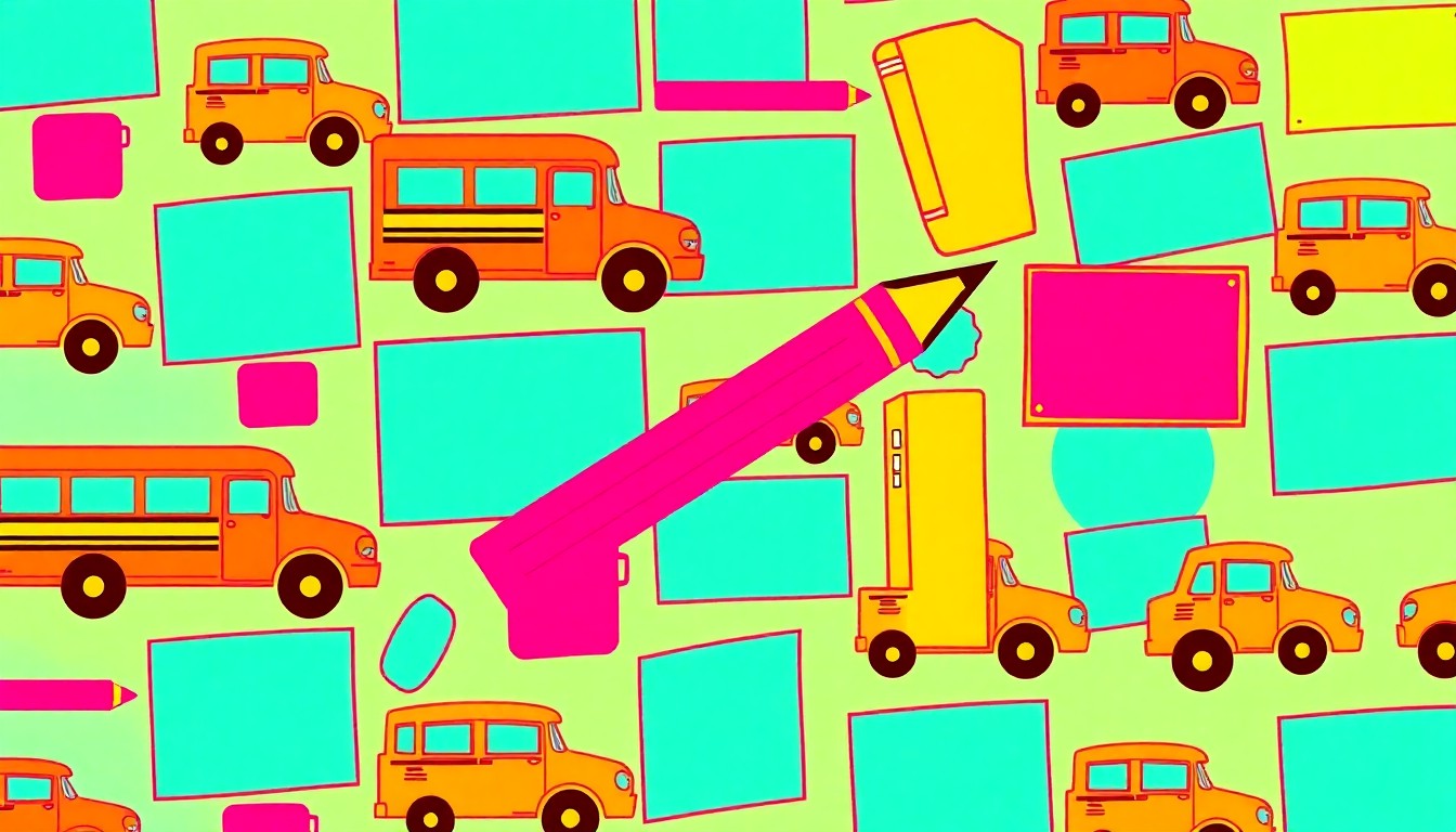 A brightly colored, high-contrast silkscreen print of a single, iconic education object such as a school bus or chalkboard repeated in a tight grid pattern, conceptually representing the high-stakes battle over pay and benefits in the Los Angeles teachers' strike.