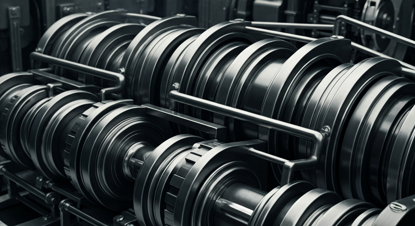 An extreme close-up of complex, interlocking gears and levers in a banking vault, conveying a sense of institutional financial power and security.
