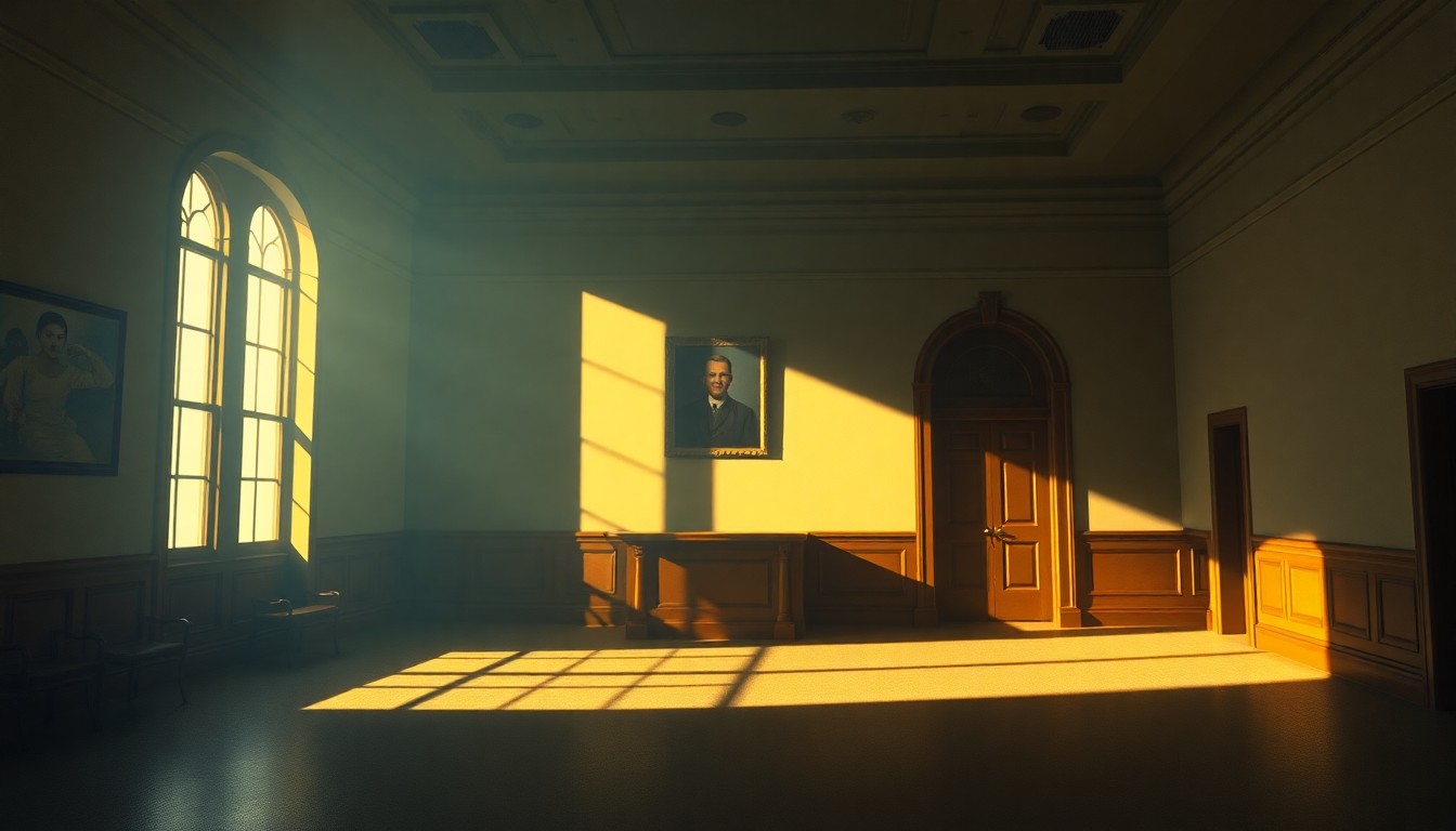 A dimly lit, cinematic interior space with warm sunlight streaming through windows, creating deep shadows and a sense of quiet contemplation, conceptually representing the legal and political tensions surrounding voter data access.