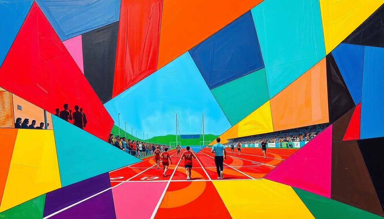 A cubist, geometric painting depicting the chaotic motion and energy of a high school track and field competition, with overlapping planes of bright red, blue, and yellow shapes.