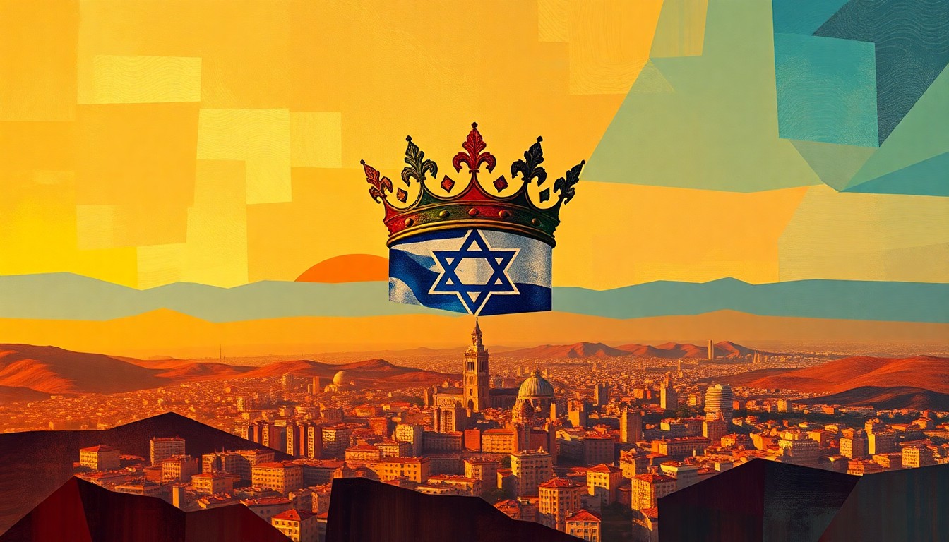 A fractured, abstract painting featuring a floating crown above a cityscape, rendered in warm, overlapping geometric shapes and brushstrokes, conveying the turbulent political tensions in Israel.