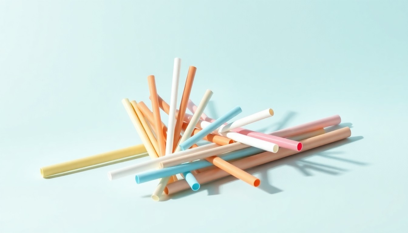 A minimalist studio still life photograph featuring a group of elegant, premium-looking compostable drinking straws in various colors and sizes, arranged artfully on a clean, monochromatic background and using dramatic lighting to highlight the quality and sustainability of the product.