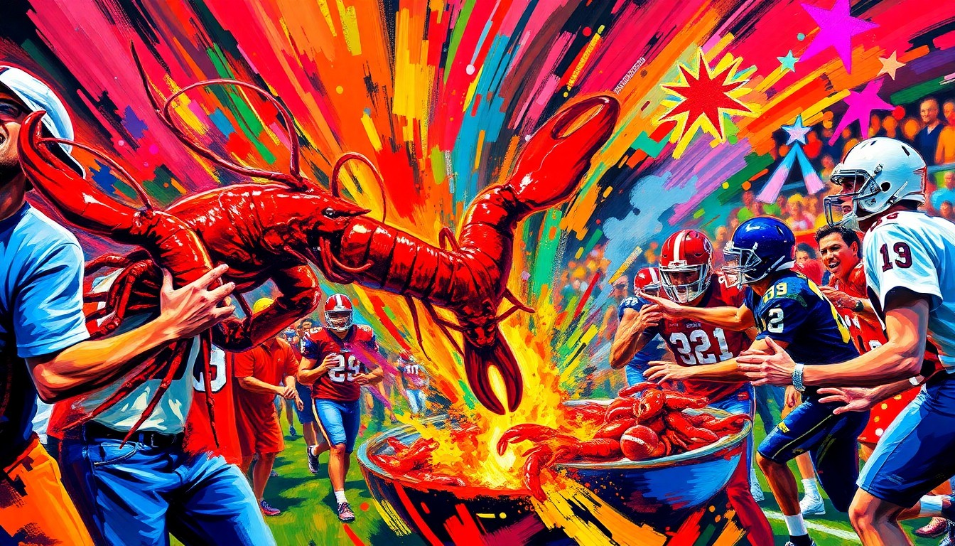 A vibrant, expressionist painting featuring swirling brushstrokes of neon orange, yellow, and green, capturing the lively energy and movement of a crawfish boil and football tailgate party.