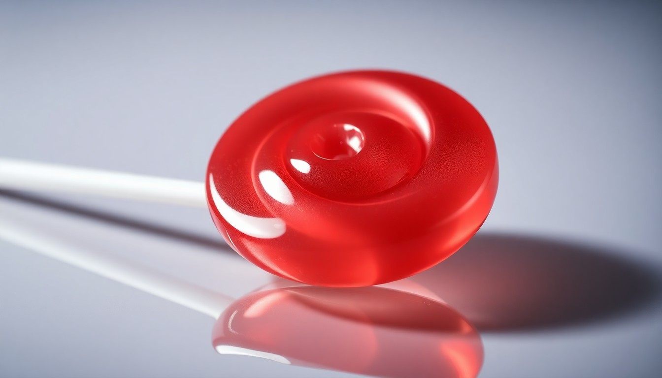 An extreme close-up photograph of a lollipop's shiny, reflective surface, capturing the luxurious, high-end aesthetic of the Lollipop Star product through dramatic studio lighting and an abstract, textural composition.